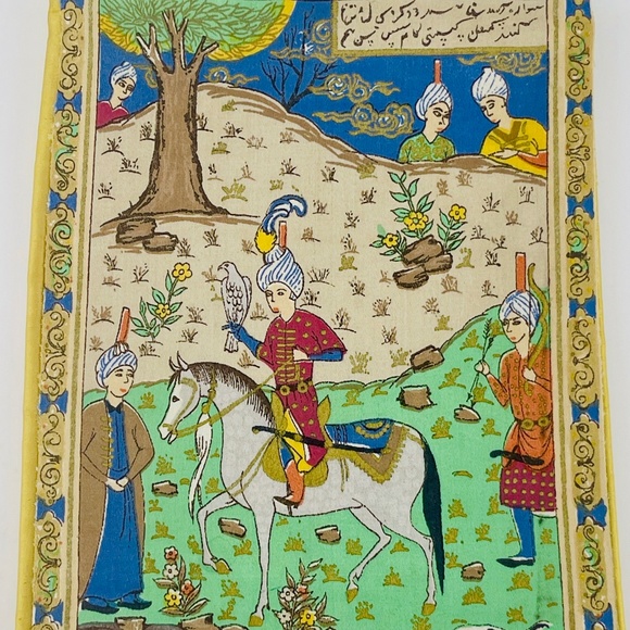 Silk Book Cover with Scene of Royal India with Horse Falcon on a Hill  11 x 15" - Picture 1 of 8